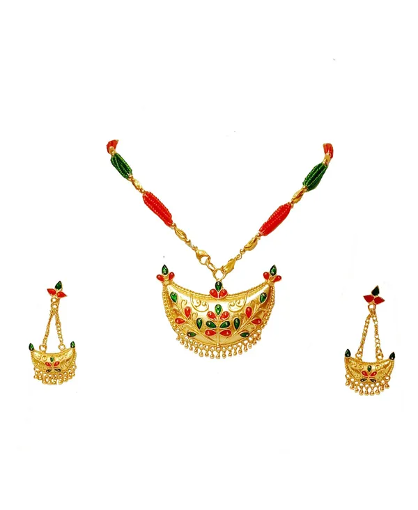 Assamese_Traditional_Gold_Plated_Red_Green_Colour_Joonbiri_Tassel_Jewellery_Set_For_Women
